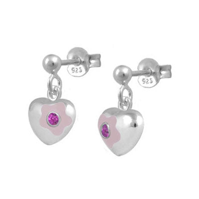Sterling Silver Simulated Birthstone Flower Heart Dangling Girls Earrings