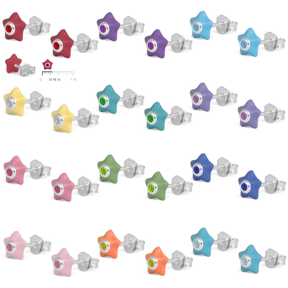 Sterling Silver Girls Simulated Birthstone Enameled Star Stud Earrings 2