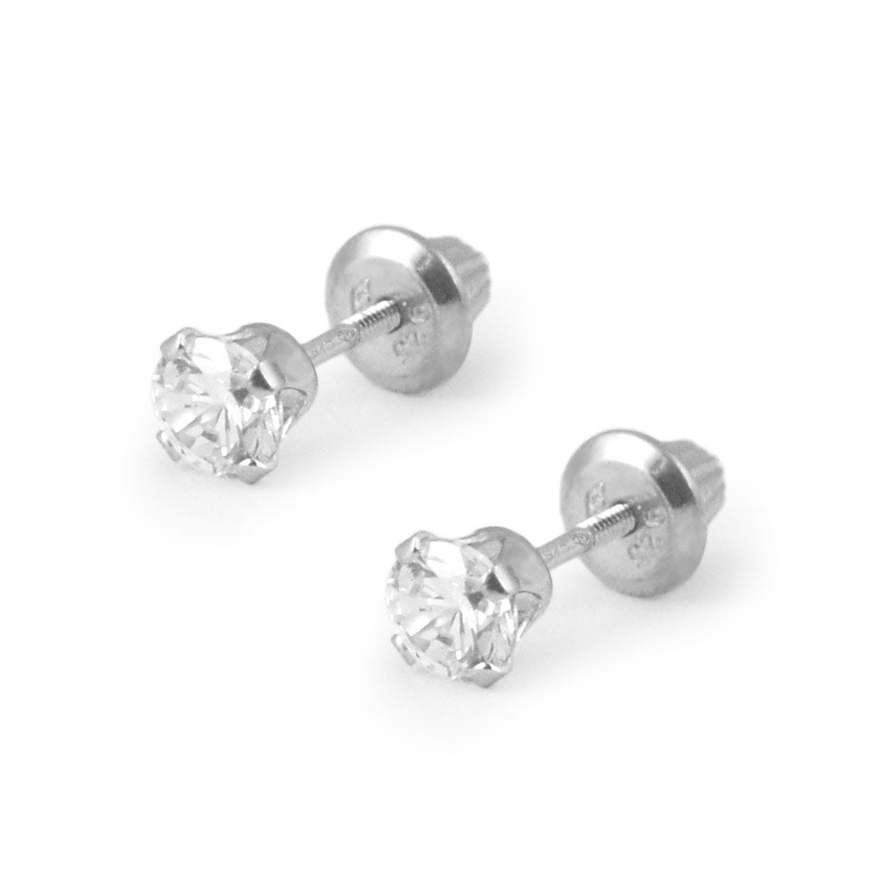 925 Sterling Silver Clear CZ Flower Screw Back Earrings For Little Girls