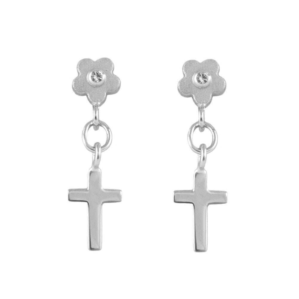 Girl Sterling Silver Diamond/Pink Sapphire Flower Dangle Cross Earrings