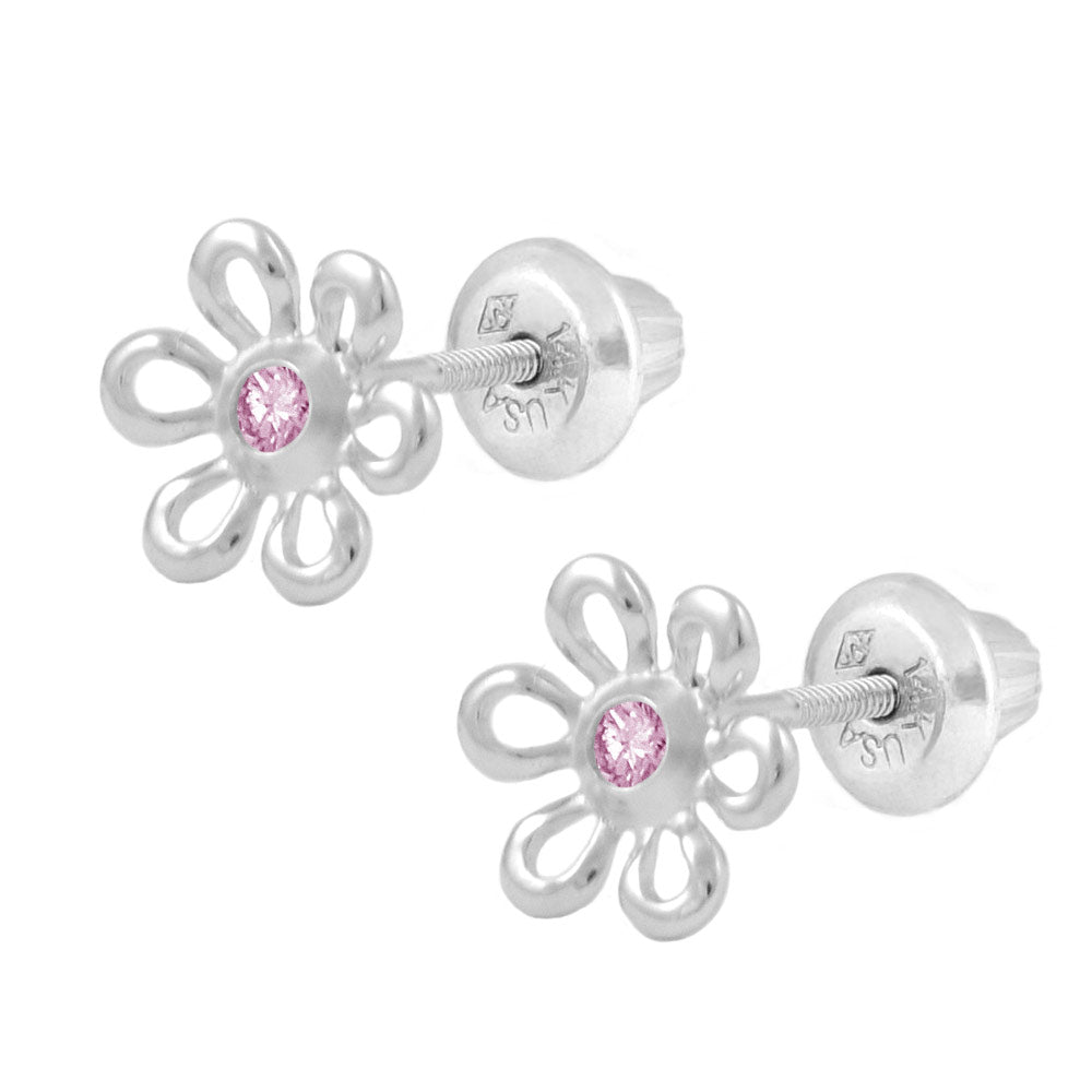 Children And Teens Sterling Silver Diamond Or Pink C.Z. Daisy Screw Back Earrings