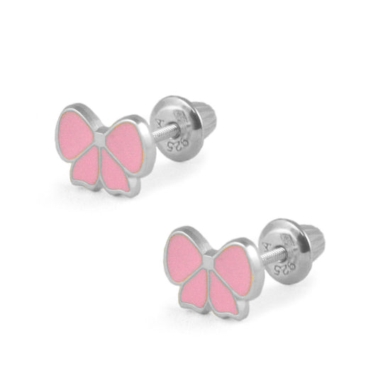 Yellow Gold Or Silver Pink Enamel Bow Screw Back Stud Earrings For Girls 1