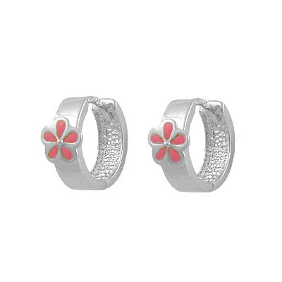 Gold/Sterling Silver Pink Enamel Flower Girl's Huggie Hoop Earrings 1