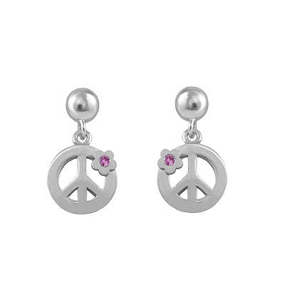 Girl Sterling Silver Diamond/Pink Sapphire Peace Sign Dangle Earrings