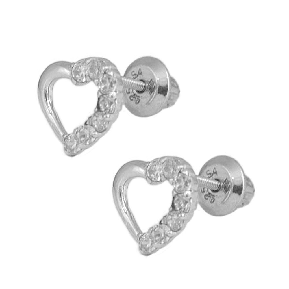 Girl's Sterling Silver Pink/White Cubic Zirconia Open Heart Screw Back Stud Earrings