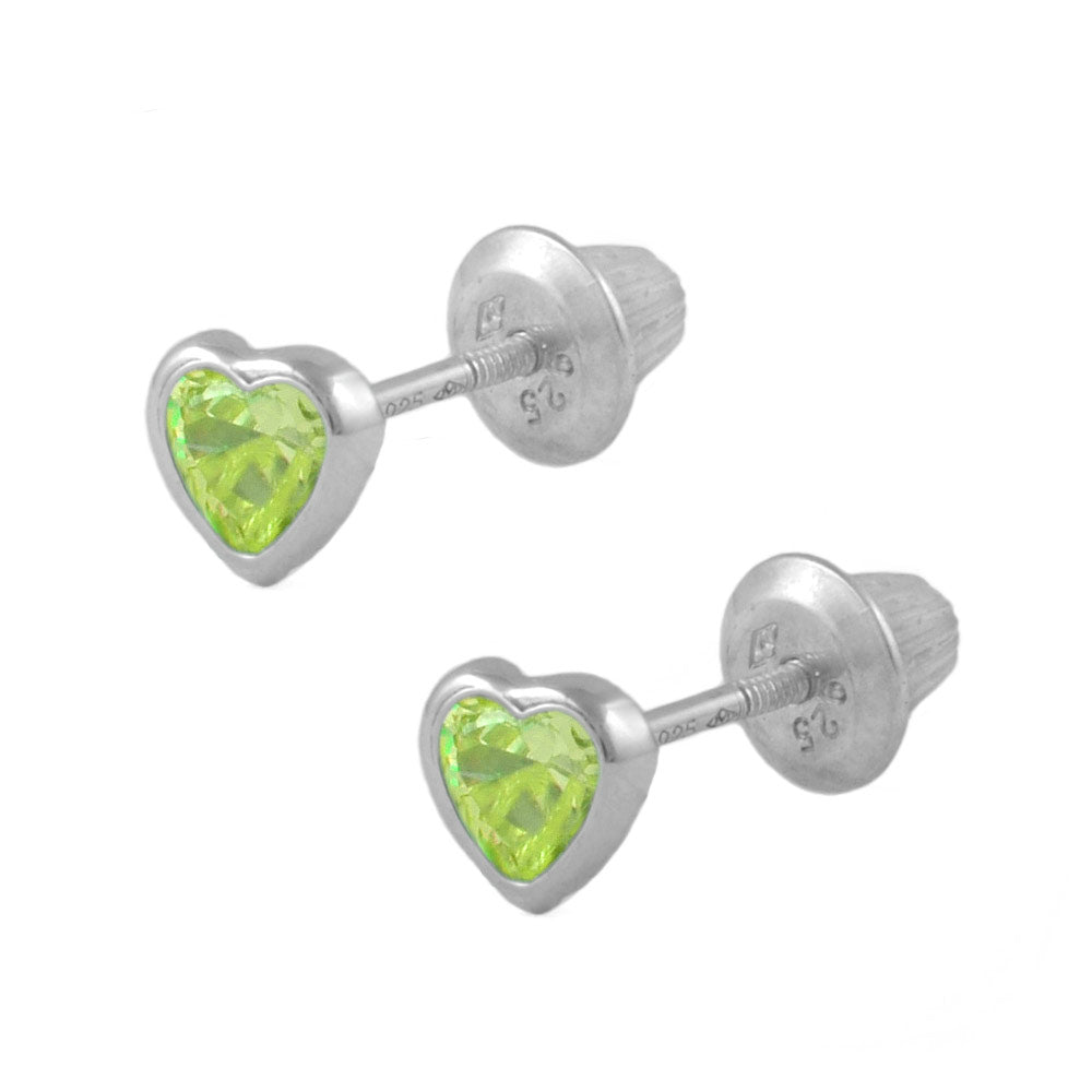 Girl's Sterling Silver Simulated Birthstone Heart Shape Screw Back Stud Earrings