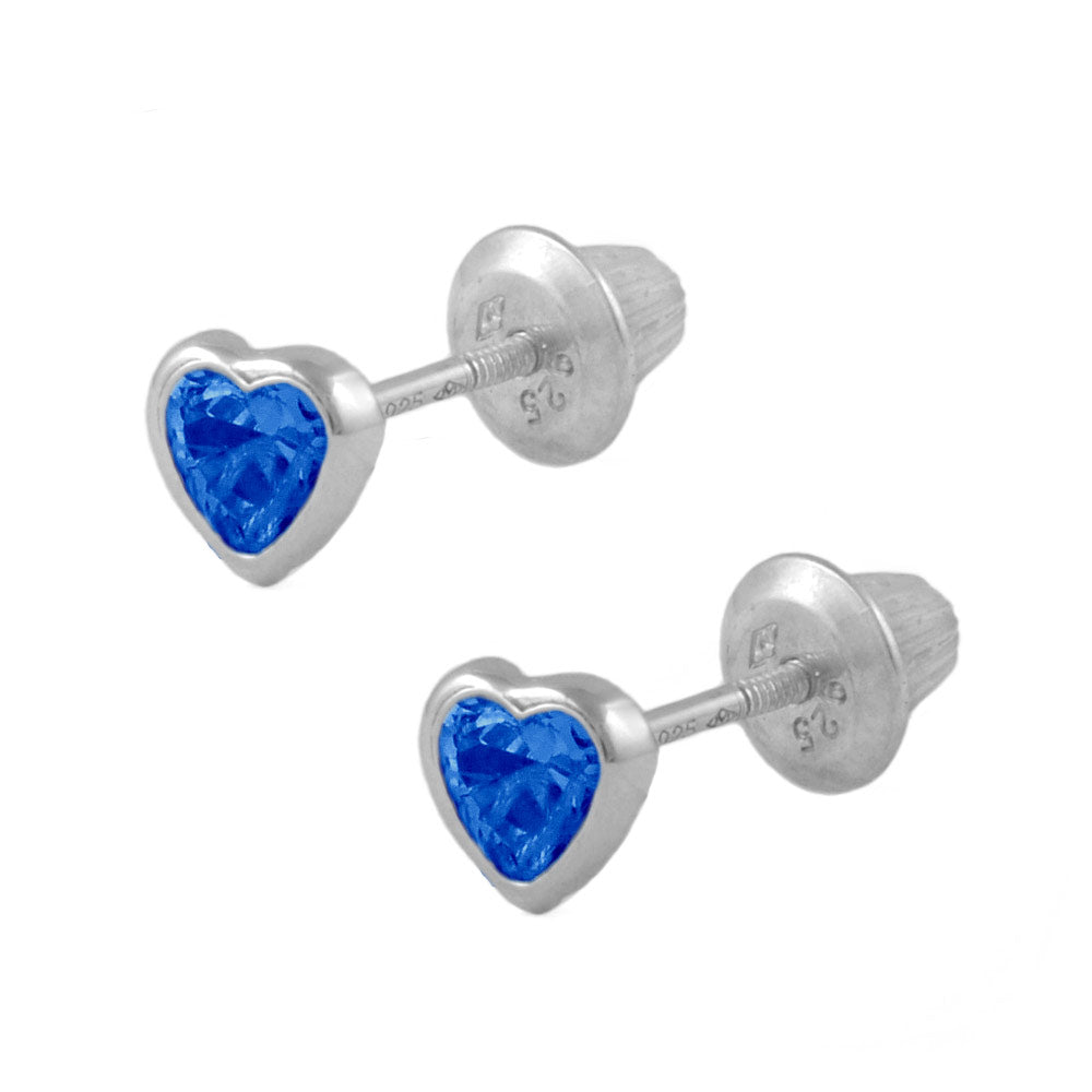 Girl's Sterling Silver Simulated Birthstone Heart Shape Screw Back Stud Earrings