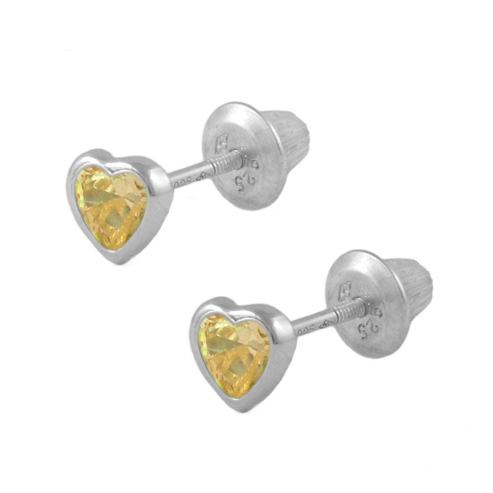 Girl's Sterling Silver Simulated Birthstone Heart Shape Screw Back Stud Earrings