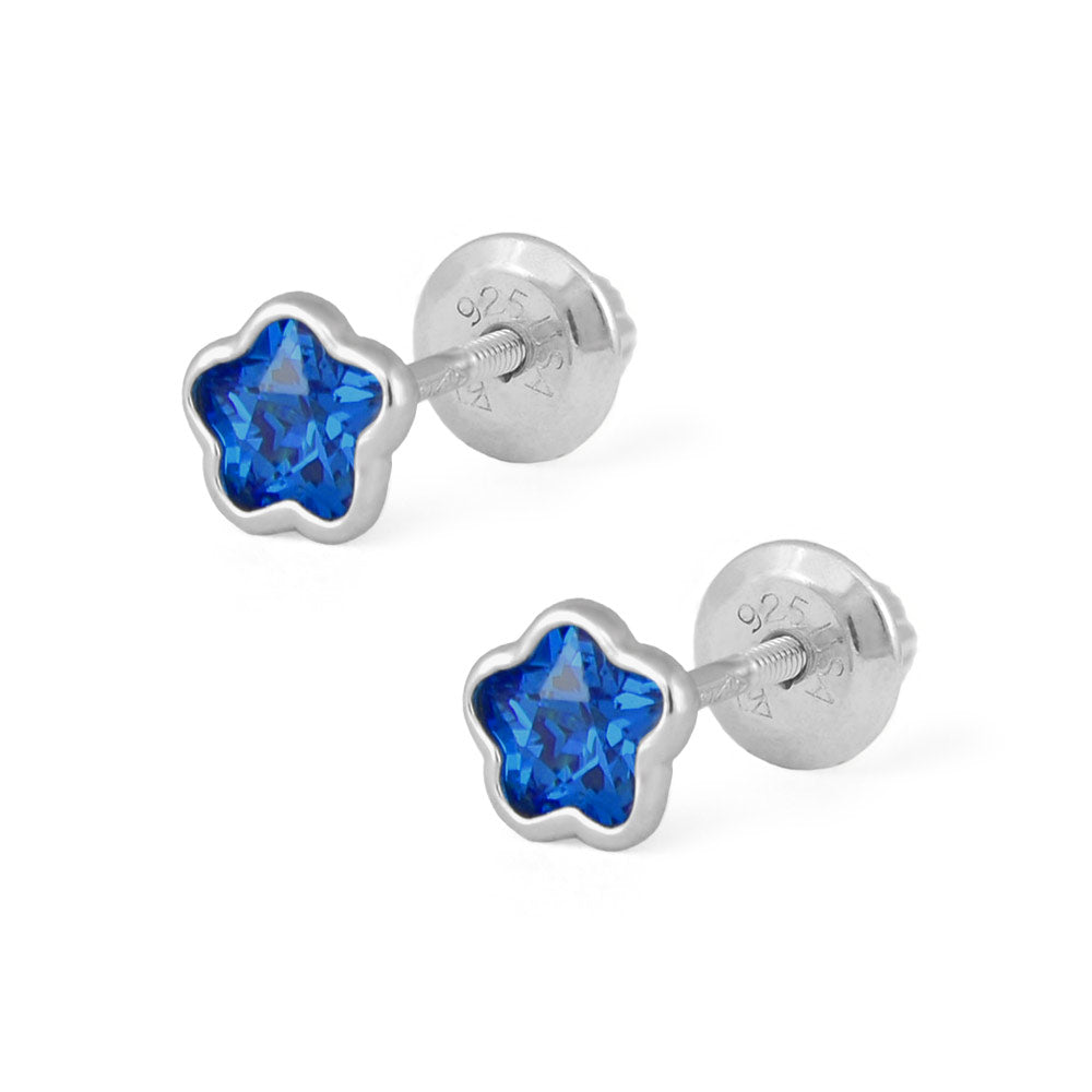 Girls Sterling Silver CZ Birthstone Flower Screw Back Earrings