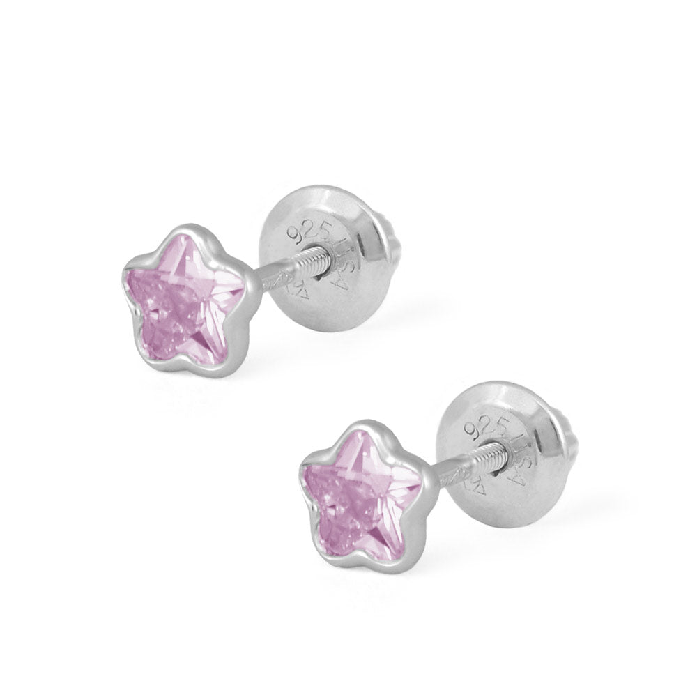 Girls Sterling Silver CZ Birthstone Flower Screw Back Earrings