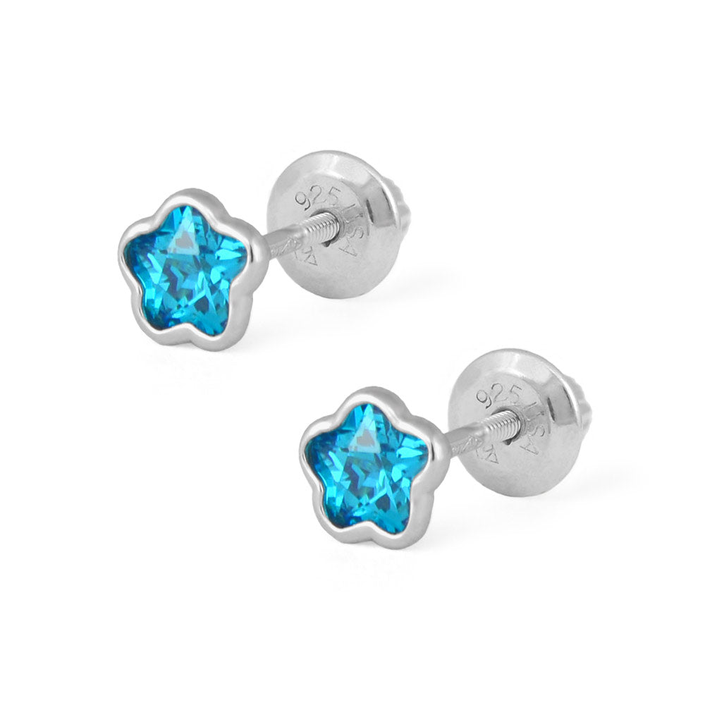 Girls Sterling Silver CZ Birthstone Flower Screw Back Earrings