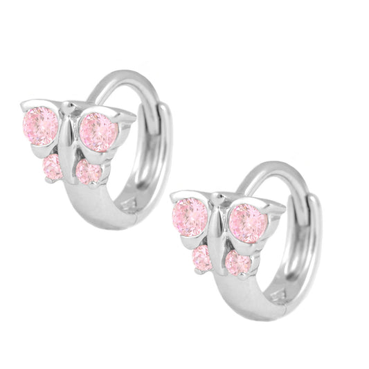 Girl's Jewelry - Sterling Silver Butterfly Pink CZ Hoop Earrings 1