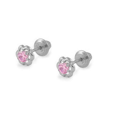 Girl's Gold Or Silver Pink Cubic Zirconia Flower Screw Back Earrings