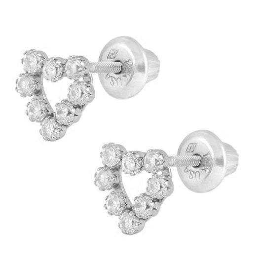 14K White Gold C.Z. Open Heart Screw Back Earrings For Children & Teenagers 1