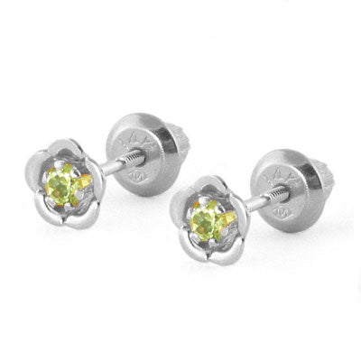 14K White Gold August Birthstone Peridot Flower Baby Girls Earrings 1