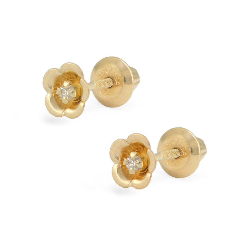 Kids Jewelry - 14K Yellow Or White Gold Diamond Flower Screw Back Earr –