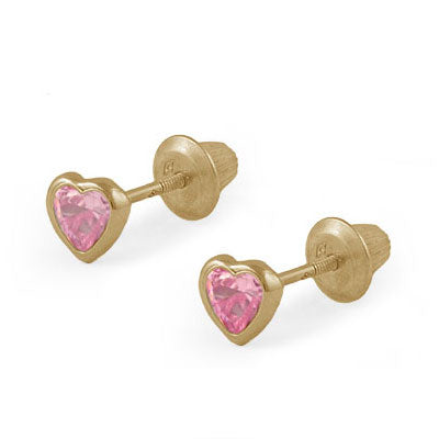 Kids 14K Yellow Gold Pink C.Z. Heart Screw Back Earrings for Girls