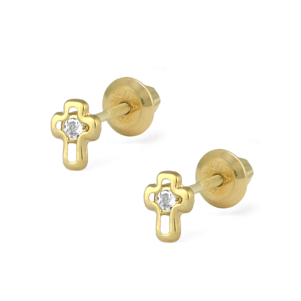 14K Solid Gold Baby CZ Cross Earrings Screw Back Children Stud