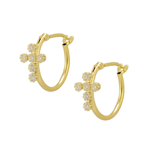 Child & Teen Jewelry - 14K Yellow Gold CZ Cross Girls Hoop Earrings 1