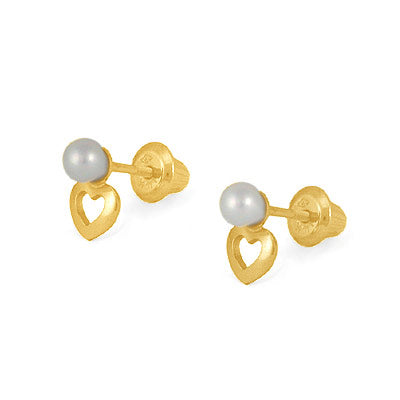 Kids 14K Yellow/White Gold Open Heart Pearl Screw Back Earrings