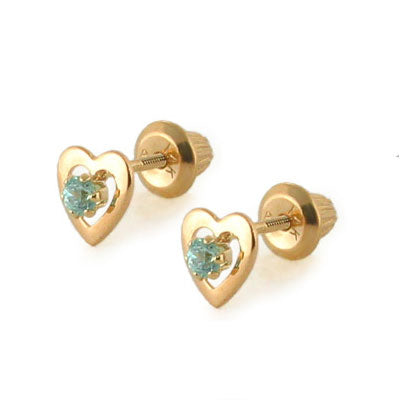 14K Yellow Gold Heart Birthstone Screw Back Stud Earrings For Girls