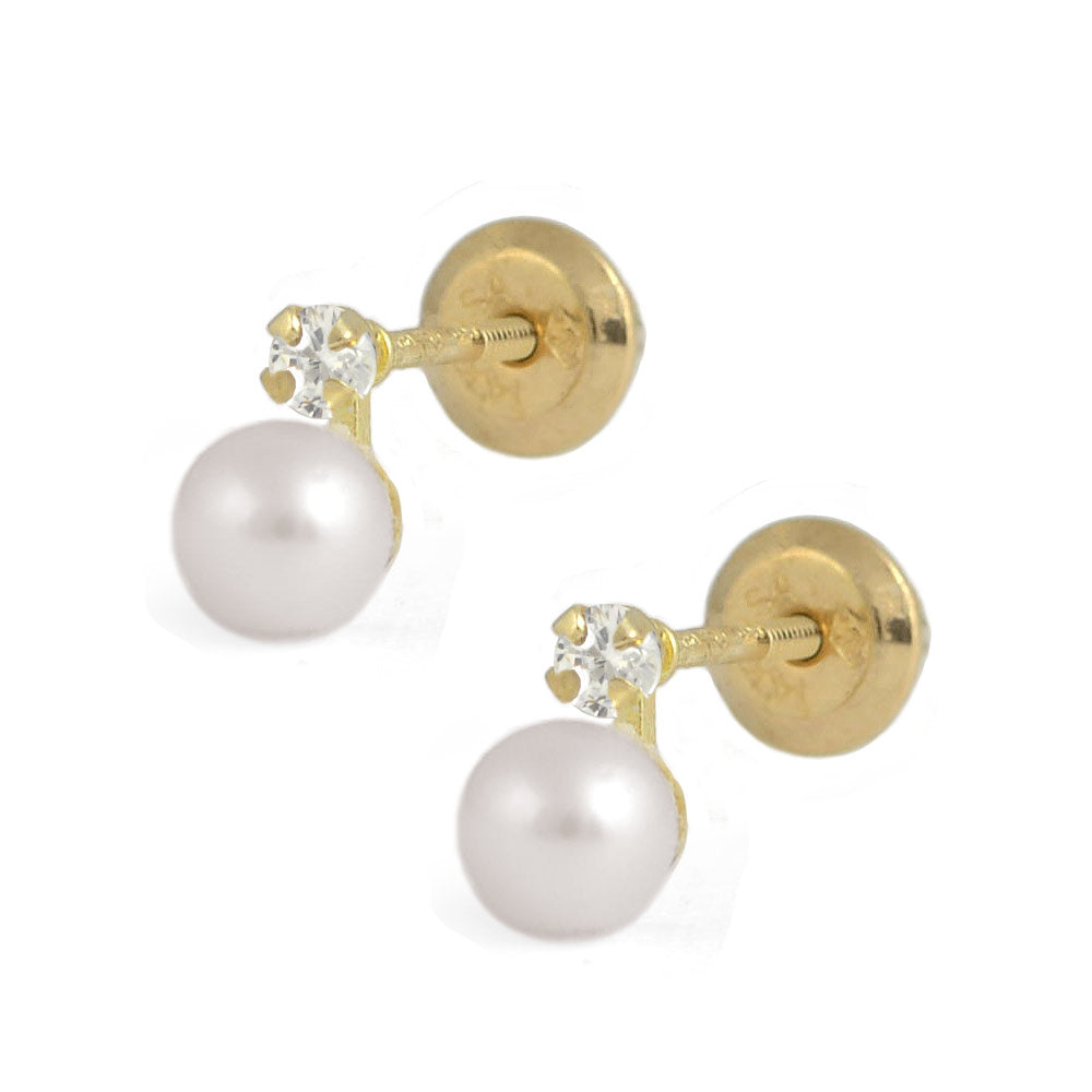 Girl's 14K Yellow Gold 4mm Pink Cultured Pearl Diamond Screw Back Earrings 1