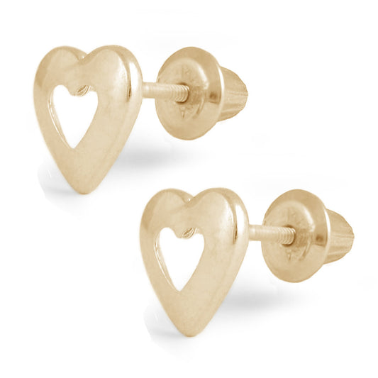 Girls Jewelry - 14K Yellow Gold Open Heart Screw Back Stud Earrings 1