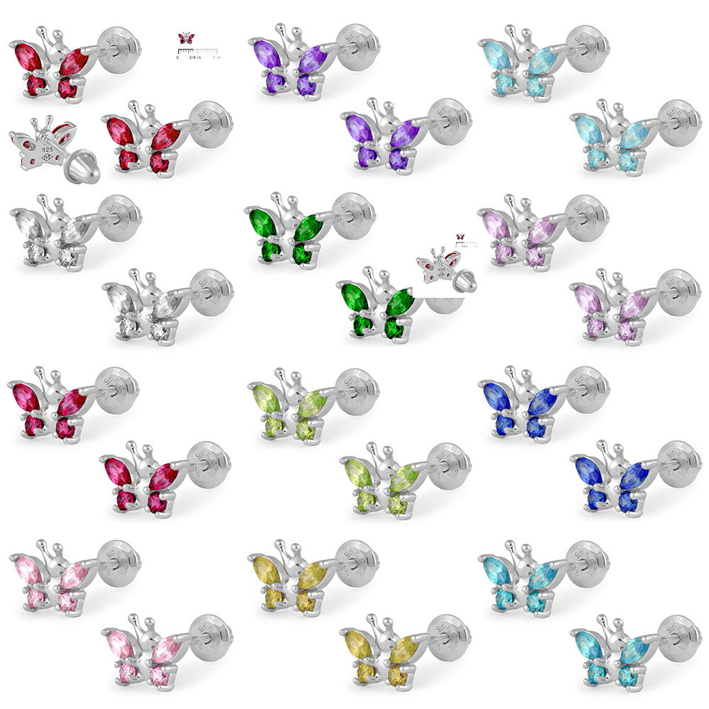 Girls Sterling Silver Birthstone Butterfly Screw Back Earrings 2