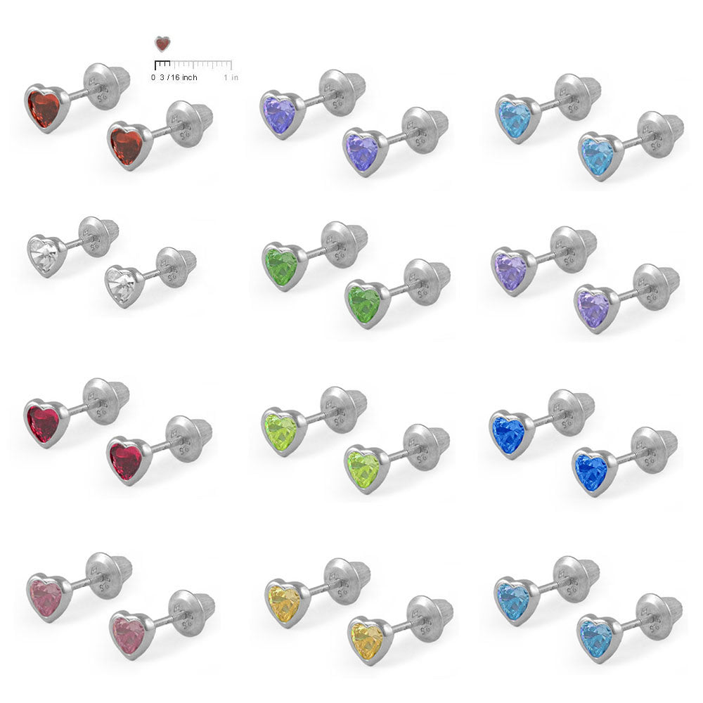 Girl's Sterling Silver Simulated Birthstone Heart Shape Screw Back Stud Earrings 2
