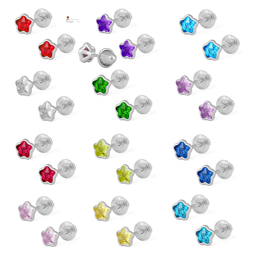 Girls Sterling Silver CZ Birthstone Flower Screw Back Earrings 2