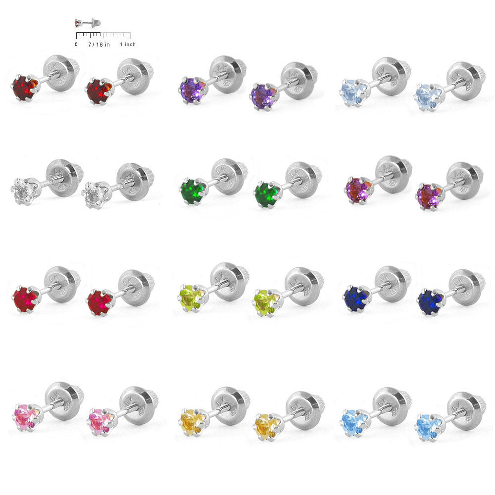 Girl's 14K White Gold Genuine Birthstone Screw Back Stud Earrings 2