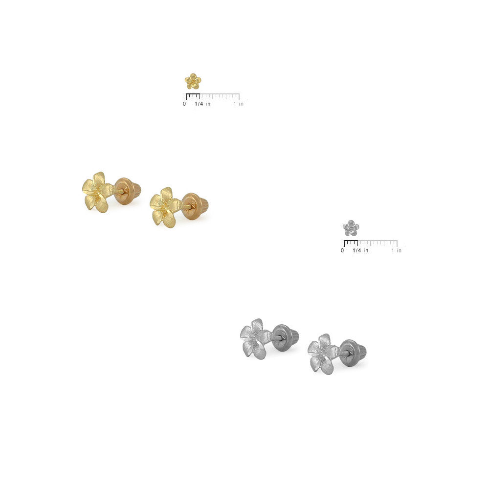 14K Yellow/White Gold Plumeria Flower Screw Back Girls Stud Earrings 2