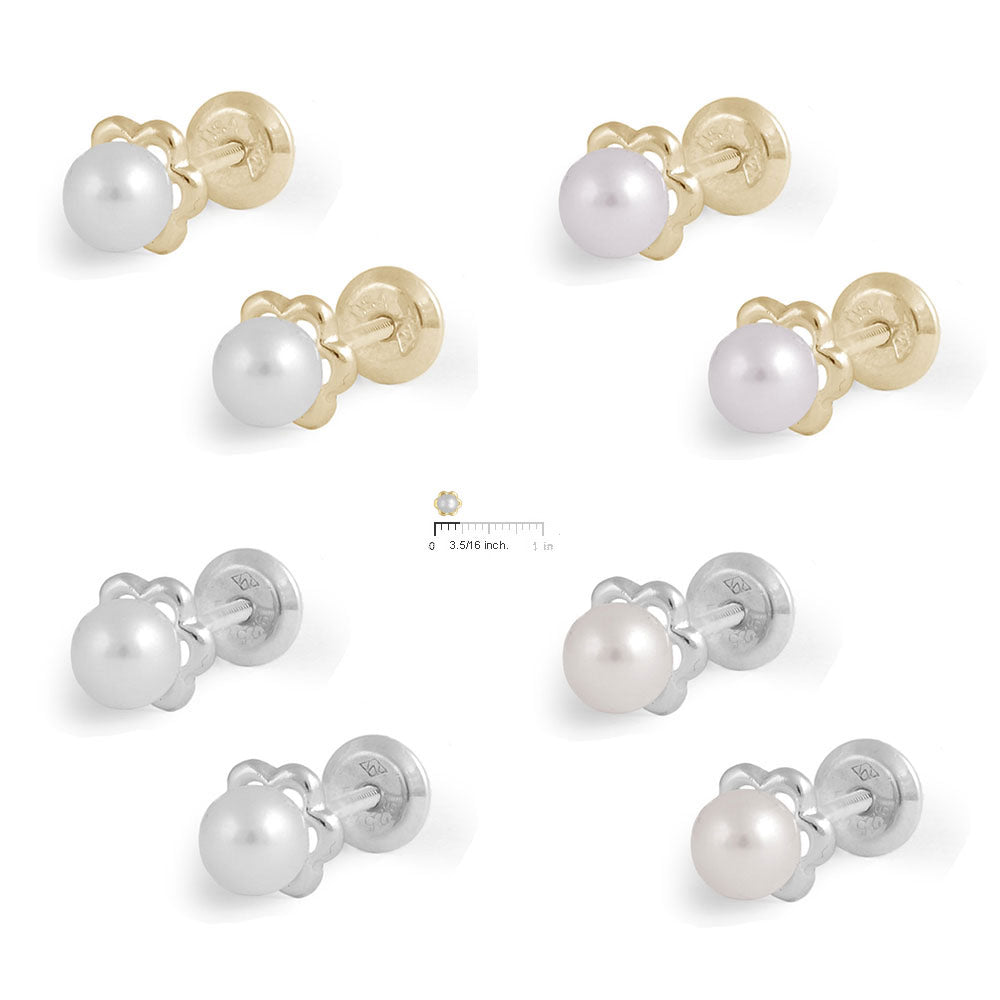 Girl's Gold Or Silver 4mm Cultured White Or Pinky Pearl Flower Screw Back Earrings 2