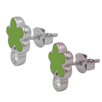 Sterling Silver Green Enameled Flower And CZ Post Earrings For Girls 1