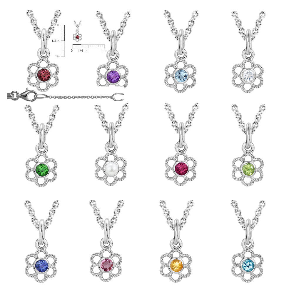 Girls Sterling Silver 12-Month Birthstone Flower Necklace (14, 15 in) 2