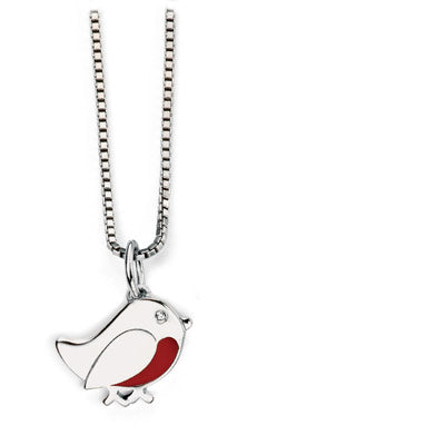 14 Inches Sterling Silver Red Enameled Bird Diamond Necklace For Girls 1