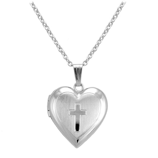 Girl's Sterling Silver Heart Shaped Engraved Cross Locket Necklace (15 in) 1