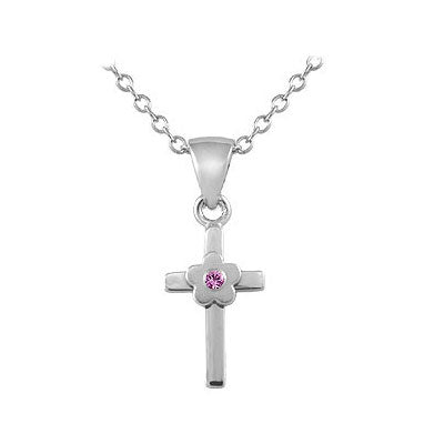 Girls Silver Diamond/Pink Sapphire Flower Cross Pendant Necklace (14-16 in)
