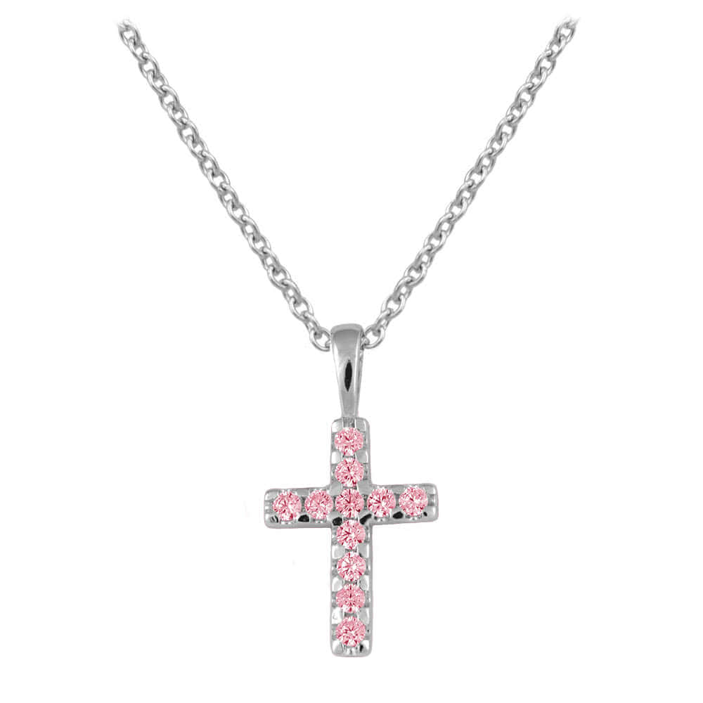 Children Jewelry - Sterling Silver Pink Or White CZ Cross Necklace For Girls (15 in)
