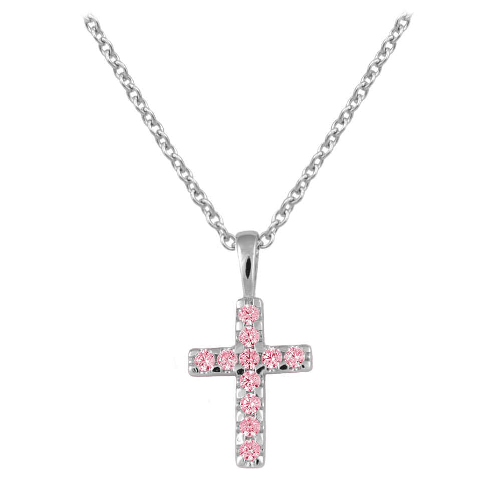 Children Jewelry - Sterling Silver Pink Or White CZ Cross Necklace For Girls (15 in)