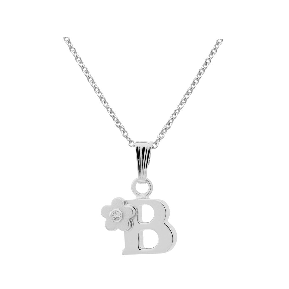 Girls Jewelry - Silver Diamond Initial Flower Pendant Necklace (14-16 In)