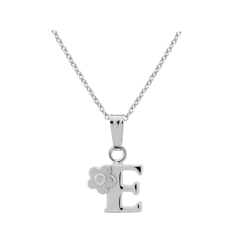 Girls Jewelry - Silver Diamond Initial Flower Pendant Necklace (14-16 In)