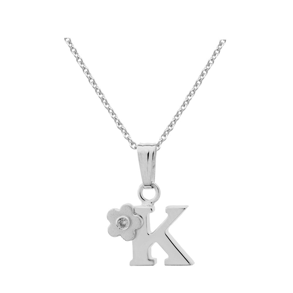 Girls Jewelry - Silver Diamond Initial Flower Pendant Necklace (14-16 In)