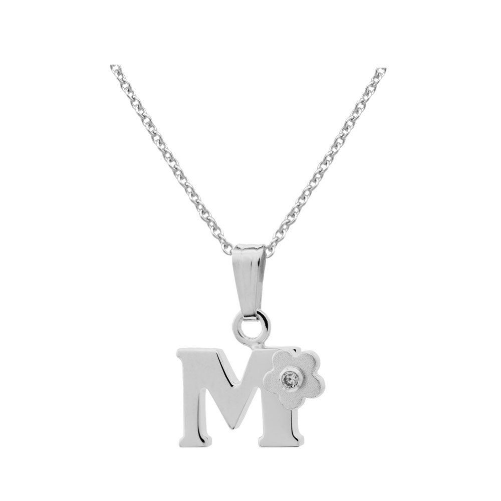 Girls Jewelry - Silver Diamond Initial Flower Pendant Necklace (14-16 In)