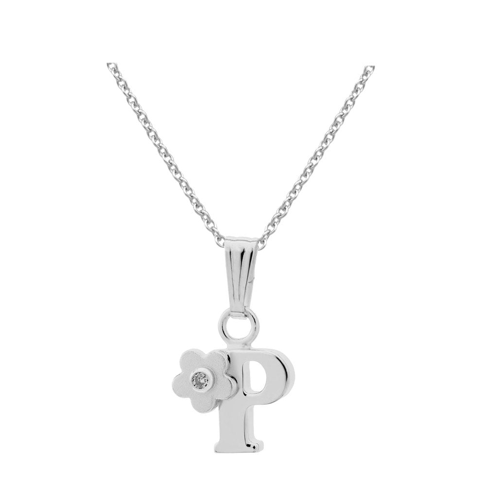 Girls Jewelry - Silver Diamond Initial Flower Pendant Necklace (14-16 In)