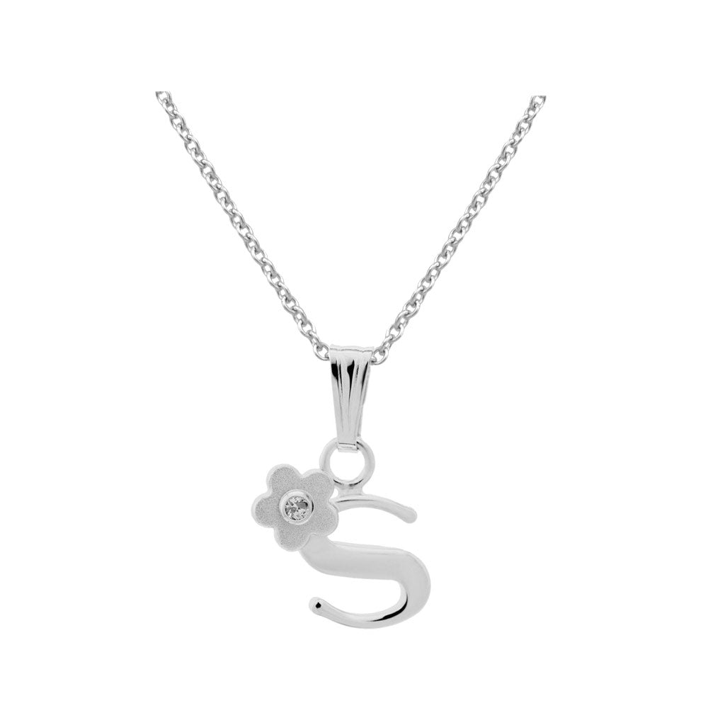 Girls Jewelry - Silver Diamond Initial Flower Pendant Necklace (14-16 In)