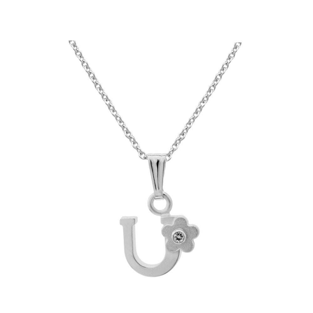 Girls Jewelry - Silver Diamond Initial Flower Pendant Necklace (14-16 In)