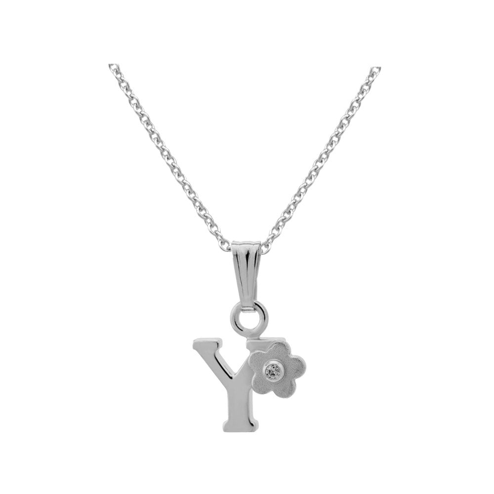 Girls Jewelry - Silver Diamond Initial Flower Pendant Necklace (14-16 In)