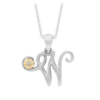 Silver & 14K Gold Diamond Script Initial W Children's Necklace (14-16 in) 1