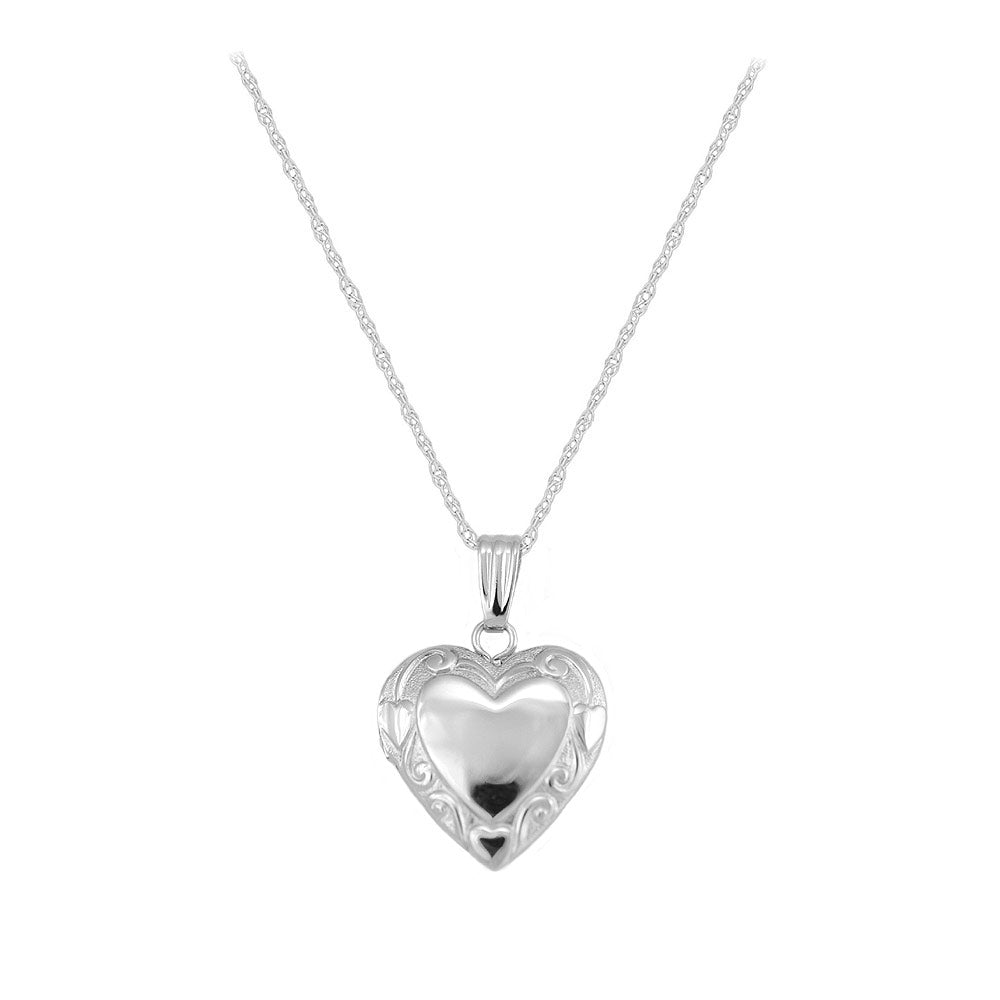 Children's 14K Yellow Or White Gold Floral Heart Locket with Rope Chain (15 in)